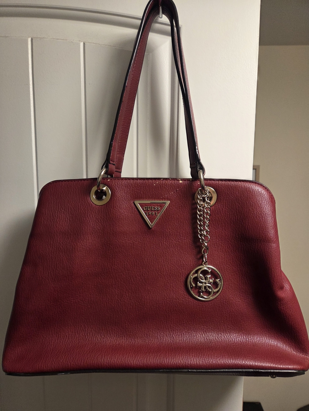 GUESS Red Leather Tote Bag with Gold Accent Charm
